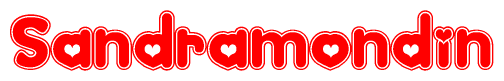 The image is a red and white graphic with the word Sandramondin written in a decorative script. Each letter in  is contained within its own outlined bubble-like shape. Inside each letter, there is a white heart symbol.