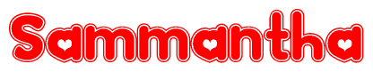 The image is a red and white graphic with the word Sammantha written in a decorative script. Each letter in  is contained within its own outlined bubble-like shape. Inside each letter, there is a white heart symbol.