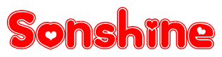 The image is a clipart featuring the word Sonshine written in a stylized font with a heart shape replacing inserted into the center of each letter. The color scheme of the text and hearts is red with a light outline.