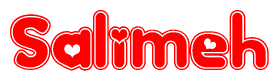 The image is a red and white graphic with the word Salimeh written in a decorative script. Each letter in  is contained within its own outlined bubble-like shape. Inside each letter, there is a white heart symbol.