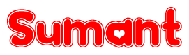 The image is a red and white graphic with the word Sumant written in a decorative script. Each letter in  is contained within its own outlined bubble-like shape. Inside each letter, there is a white heart symbol.