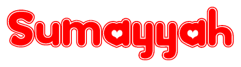 The image is a red and white graphic with the word Sumayyah written in a decorative script. Each letter in  is contained within its own outlined bubble-like shape. Inside each letter, there is a white heart symbol.