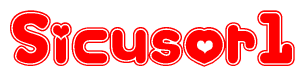 The image is a clipart featuring the word Sicusor1 written in a stylized font with a heart shape replacing inserted into the center of each letter. The color scheme of the text and hearts is red with a light outline.