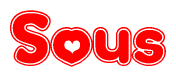 The image is a red and white graphic with the word Sous written in a decorative script. Each letter in  is contained within its own outlined bubble-like shape. Inside each letter, there is a white heart symbol.