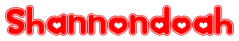 The image is a red and white graphic with the word Shannondoah written in a decorative script. Each letter in  is contained within its own outlined bubble-like shape. Inside each letter, there is a white heart symbol.