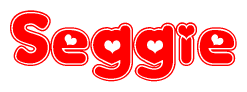 The image is a clipart featuring the word Seggie written in a stylized font with a heart shape replacing inserted into the center of each letter. The color scheme of the text and hearts is red with a light outline.