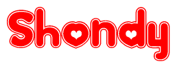 The image is a clipart featuring the word Shondy written in a stylized font with a heart shape replacing inserted into the center of each letter. The color scheme of the text and hearts is red with a light outline.
