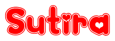 The image is a red and white graphic with the word Sutira written in a decorative script. Each letter in  is contained within its own outlined bubble-like shape. Inside each letter, there is a white heart symbol.