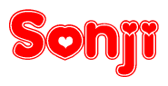 The image is a red and white graphic with the word Sonji written in a decorative script. Each letter in  is contained within its own outlined bubble-like shape. Inside each letter, there is a white heart symbol.