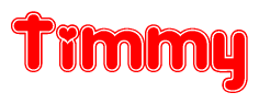 The image is a red and white graphic with the word Timmy written in a decorative script. Each letter in  is contained within its own outlined bubble-like shape. Inside each letter, there is a white heart symbol.