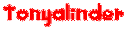 The image is a red and white graphic with the word Tonyalinder written in a decorative script. Each letter in  is contained within its own outlined bubble-like shape. Inside each letter, there is a white heart symbol.