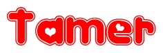 The image is a clipart featuring the word Tamer written in a stylized font with a heart shape replacing inserted into the center of each letter. The color scheme of the text and hearts is red with a light outline.