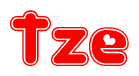 The image is a red and white graphic with the word Tze written in a decorative script. Each letter in  is contained within its own outlined bubble-like shape. Inside each letter, there is a white heart symbol.