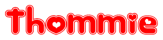 The image is a red and white graphic with the word Thommie written in a decorative script. Each letter in  is contained within its own outlined bubble-like shape. Inside each letter, there is a white heart symbol.