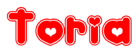 The image is a clipart featuring the word Toria written in a stylized font with a heart shape replacing inserted into the center of each letter. The color scheme of the text and hearts is red with a light outline.