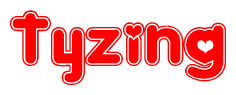 The image is a red and white graphic with the word Tyzing written in a decorative script. Each letter in  is contained within its own outlined bubble-like shape. Inside each letter, there is a white heart symbol.