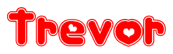 The image is a clipart featuring the word Trevor written in a stylized font with a heart shape replacing inserted into the center of each letter. The color scheme of the text and hearts is red with a light outline.