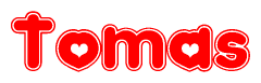 The image is a red and white graphic with the word Tomas written in a decorative script. Each letter in  is contained within its own outlined bubble-like shape. Inside each letter, there is a white heart symbol.