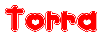 The image is a clipart featuring the word Torra written in a stylized font with a heart shape replacing inserted into the center of each letter. The color scheme of the text and hearts is red with a light outline.