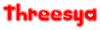The image is a clipart featuring the word Threesya written in a stylized font with a heart shape replacing inserted into the center of each letter. The color scheme of the text and hearts is red with a light outline.
