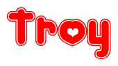 The image is a red and white graphic with the word Troy written in a decorative script. Each letter in  is contained within its own outlined bubble-like shape. Inside each letter, there is a white heart symbol.