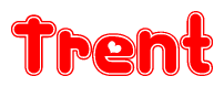 The image is a red and white graphic with the word Trent written in a decorative script. Each letter in  is contained within its own outlined bubble-like shape. Inside each letter, there is a white heart symbol.