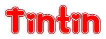 The image is a red and white graphic with the word Tintin written in a decorative script. Each letter in  is contained within its own outlined bubble-like shape. Inside each letter, there is a white heart symbol.