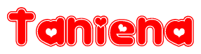 The image displays the word Taniena written in a stylized red font with hearts inside the letters.