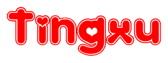 The image is a red and white graphic with the word Tingxu written in a decorative script. Each letter in  is contained within its own outlined bubble-like shape. Inside each letter, there is a white heart symbol.