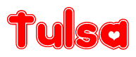 The image is a clipart featuring the word Tulsa written in a stylized font with a heart shape replacing inserted into the center of each letter. The color scheme of the text and hearts is red with a light outline.