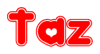 The image is a clipart featuring the word Taz written in a stylized font with a heart shape replacing inserted into the center of each letter. The color scheme of the text and hearts is red with a light outline.