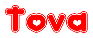 The image displays the word Tova written in a stylized red font with hearts inside the letters.