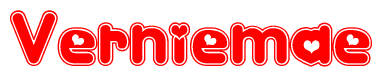 The image is a red and white graphic with the word Verniemae written in a decorative script. Each letter in  is contained within its own outlined bubble-like shape. Inside each letter, there is a white heart symbol.