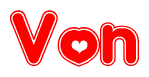 The image is a red and white graphic with the word Von written in a decorative script. Each letter in  is contained within its own outlined bubble-like shape. Inside each letter, there is a white heart symbol.