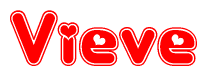 The image is a red and white graphic with the word Vieve written in a decorative script. Each letter in  is contained within its own outlined bubble-like shape. Inside each letter, there is a white heart symbol.