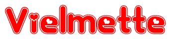 The image is a clipart featuring the word Vielmette written in a stylized font with a heart shape replacing inserted into the center of each letter. The color scheme of the text and hearts is red with a light outline.