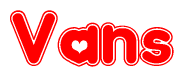 The image is a red and white graphic with the word Vans written in a decorative script. Each letter in  is contained within its own outlined bubble-like shape. Inside each letter, there is a white heart symbol.