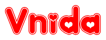 The image is a red and white graphic with the word Vnida written in a decorative script. Each letter in  is contained within its own outlined bubble-like shape. Inside each letter, there is a white heart symbol.