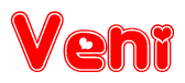 The image displays the word Veni written in a stylized red font with hearts inside the letters.