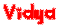 The image is a red and white graphic with the word Vidya written in a decorative script. Each letter in  is contained within its own outlined bubble-like shape. Inside each letter, there is a white heart symbol.