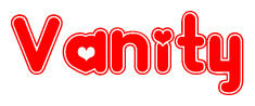 The image is a red and white graphic with the word Vanity written in a decorative script. Each letter in  is contained within its own outlined bubble-like shape. Inside each letter, there is a white heart symbol.