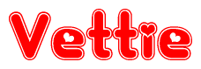 The image is a red and white graphic with the word Vettie written in a decorative script. Each letter in  is contained within its own outlined bubble-like shape. Inside each letter, there is a white heart symbol.