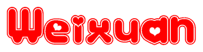 The image is a red and white graphic with the word Weixuan written in a decorative script. Each letter in  is contained within its own outlined bubble-like shape. Inside each letter, there is a white heart symbol.