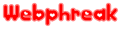 The image is a clipart featuring the word Webphreak written in a stylized font with a heart shape replacing inserted into the center of each letter. The color scheme of the text and hearts is red with a light outline.