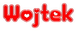 The image is a clipart featuring the word Wojtek written in a stylized font with a heart shape replacing inserted into the center of each letter. The color scheme of the text and hearts is red with a light outline.