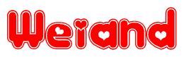 The image is a red and white graphic with the word Weiand written in a decorative script. Each letter in  is contained within its own outlined bubble-like shape. Inside each letter, there is a white heart symbol.
