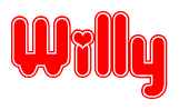The image is a red and white graphic with the word Willy written in a decorative script. Each letter in  is contained within its own outlined bubble-like shape. Inside each letter, there is a white heart symbol.