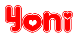 The image is a red and white graphic with the word Yoni written in a decorative script. Each letter in  is contained within its own outlined bubble-like shape. Inside each letter, there is a white heart symbol.