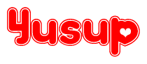 The image is a clipart featuring the word Yusup written in a stylized font with a heart shape replacing inserted into the center of each letter. The color scheme of the text and hearts is red with a light outline.