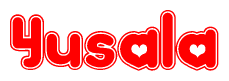 The image is a red and white graphic with the word Yusala written in a decorative script. Each letter in  is contained within its own outlined bubble-like shape. Inside each letter, there is a white heart symbol.